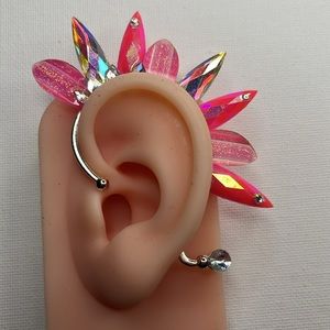 Pink & iridescent white rhinestone ear cuff, clip on earring, no pierce